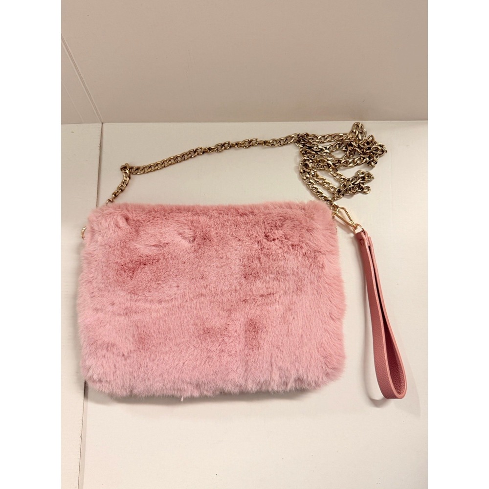 Chelsea 28 Pink Faux Fur Convertible Crossbody Clutch Wristlet Chain Strap